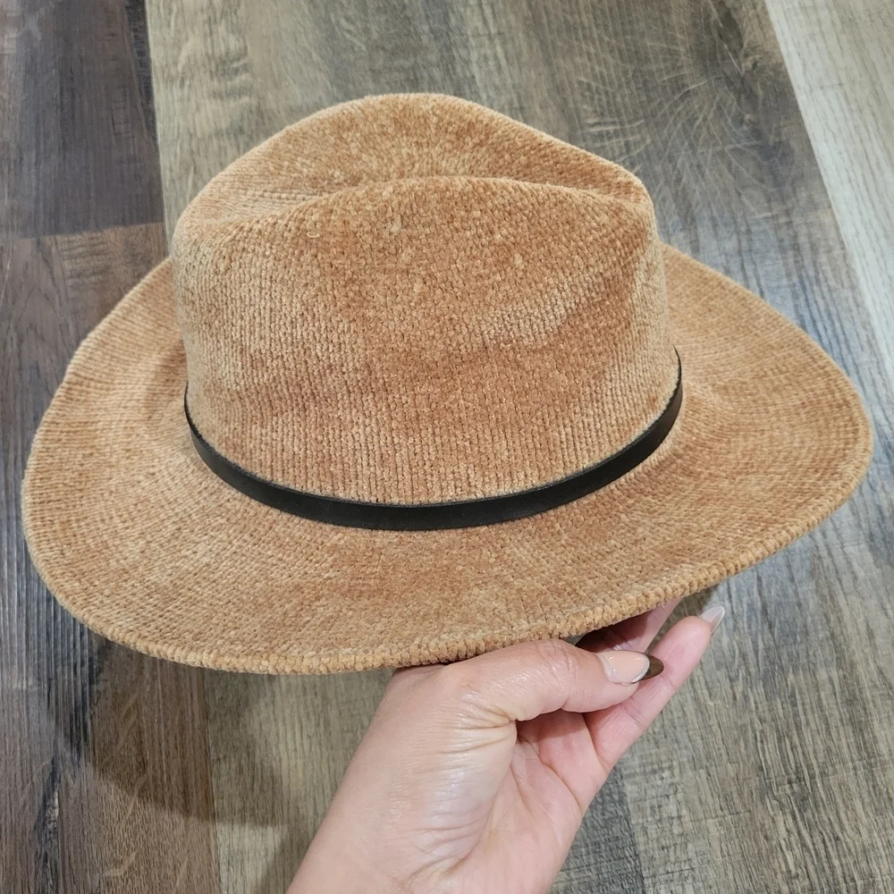 Brown Corduroy Women's Hat with Gold Leaf Accent